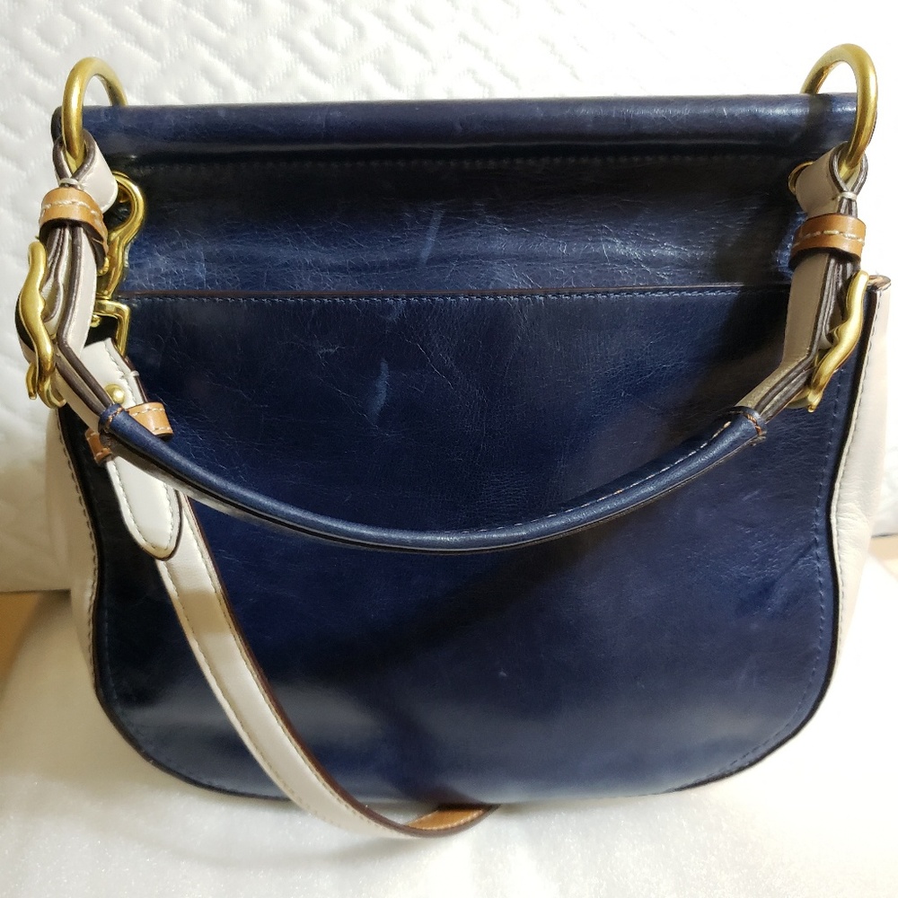 Coach Navy Blue, White & Tan Leather Crossbody Bag with Tassel - Picture 3 of 7